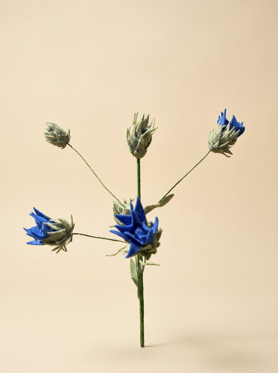 Handgemaakte vilt korenbloemtak met blauwe bloemen en groene knoppen