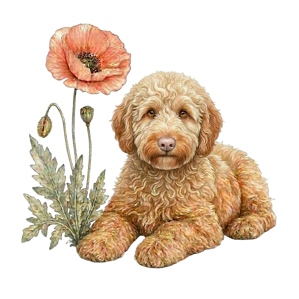 Illustratie van het atelierhondje met een papaver
